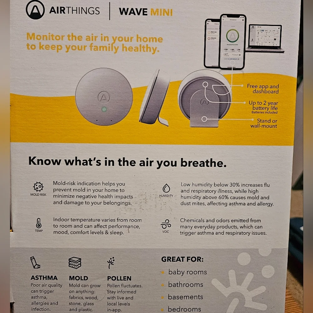 NEW Airthings Wave Mini Smart Indoor Air Quality Monitor Asthma, Mold, Allergy